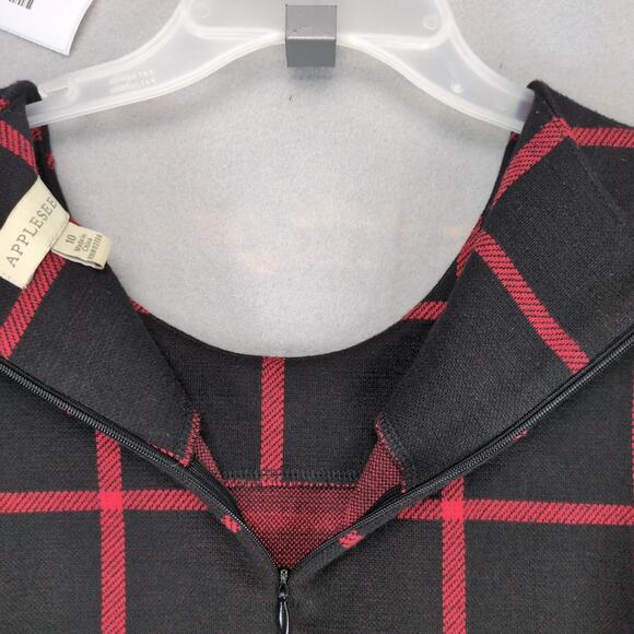 Appleseed's Red Black Plaid Knit Dress Sz 10 Ruffle Hem 3/4 Slv Academia Preppy - Picture 4 of 10